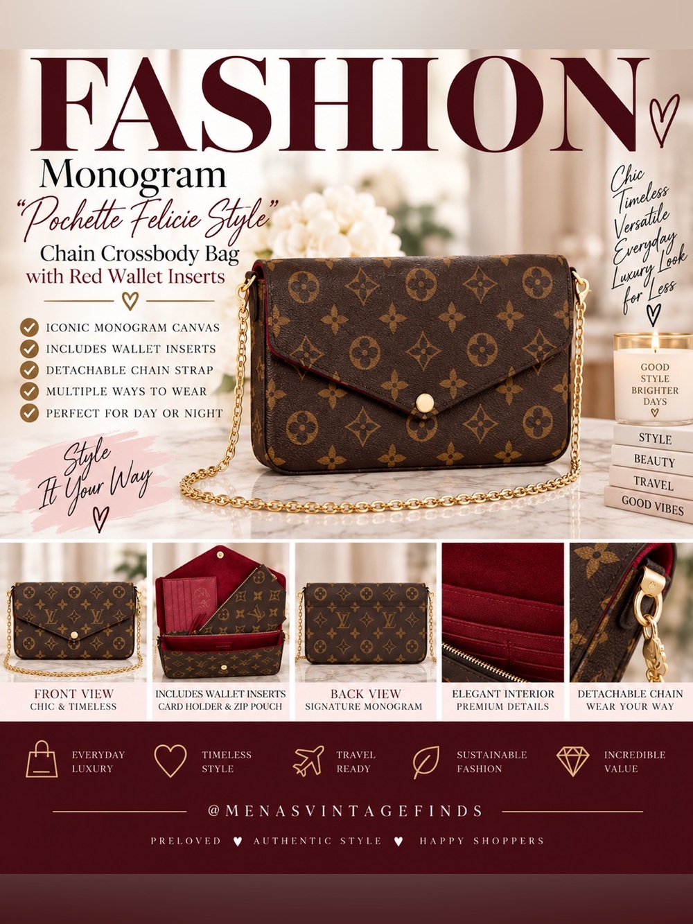 Monogram‎ ‘Pochette Felicie’ Chain Crossbody Bag with Red Wallet Inserts